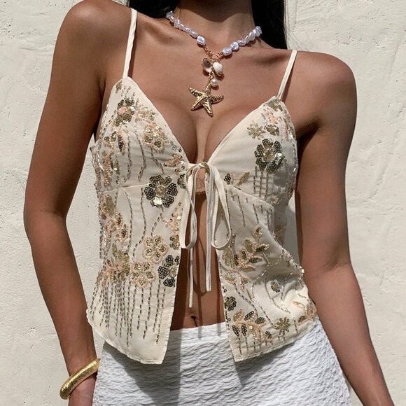 Multicolor Boho Women's Sequin Embroidered Camisole Tank Top - Picture 6 of 9